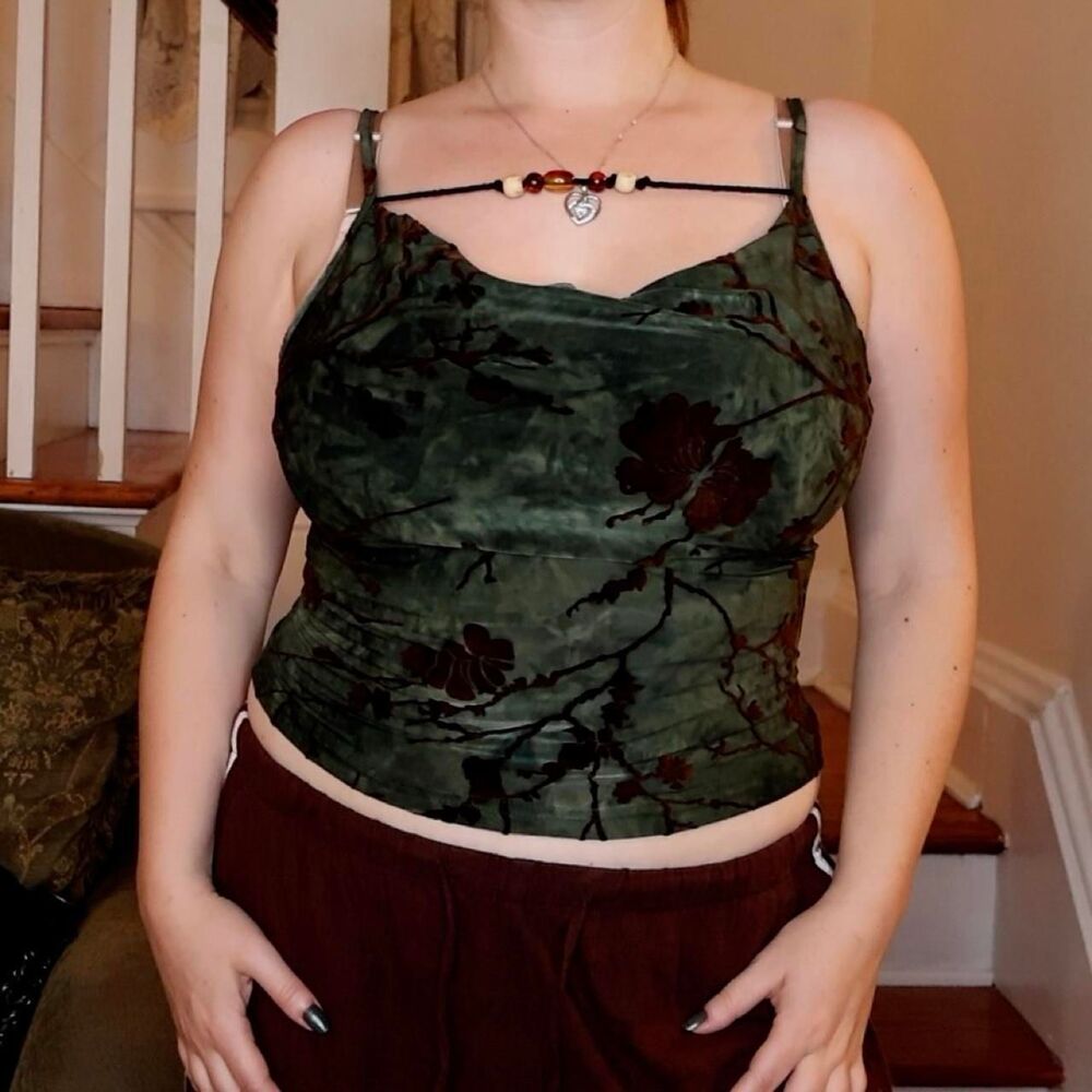 Velvet Floral Satin Forever 21 Beaded Strap Top Sz Medium Whimsigoth Fairycore